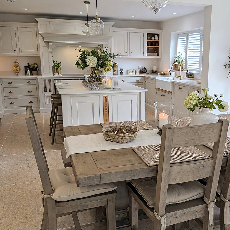 Polished beige limestone-effect kitchen floor tiles